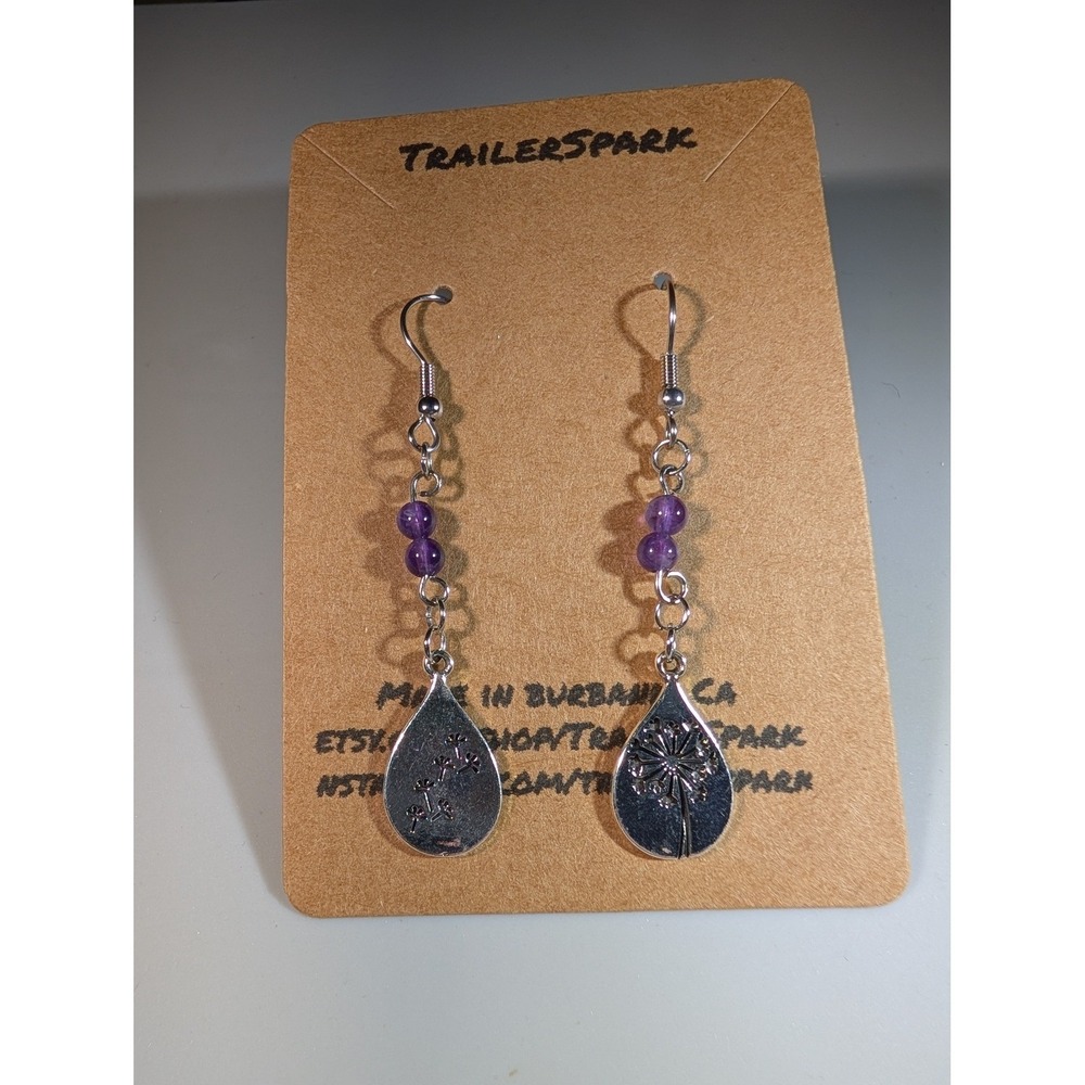 TrailerSpark Amethyst Dandelion Teardrop Dangle Earrings Silver Tone Handmade